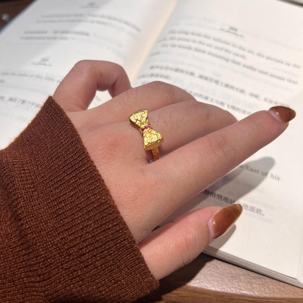 Princess On The Run Textured Bow Ring Open Adjustable Inlaid Red Corundum Bow Ring