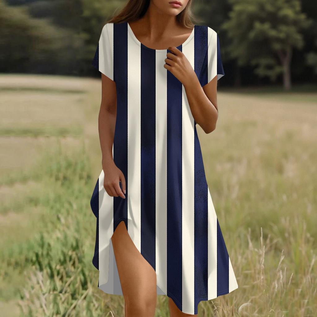 Women's Fashionable Casual V-neck Short-sleeved Tie Striped Print Dress