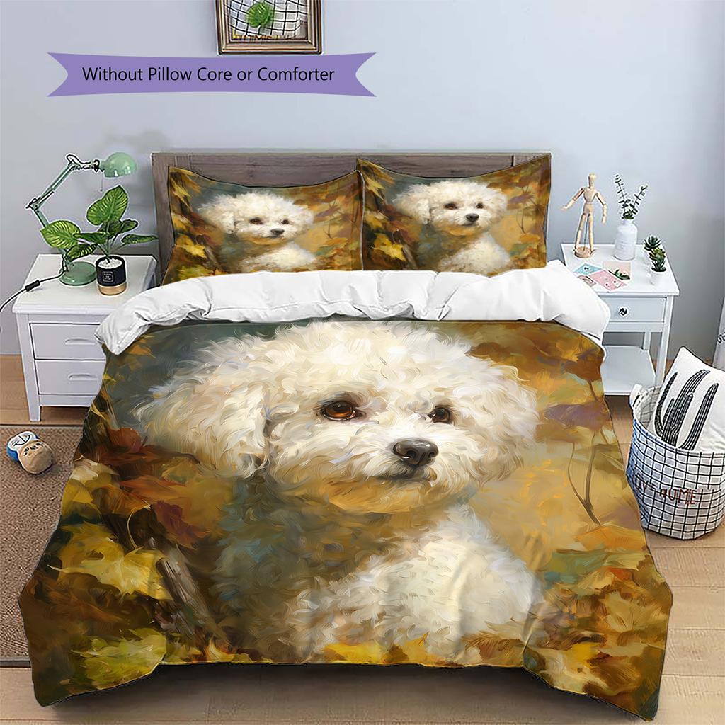 Bettwäsche mit Blätter- und Bichon-Muster, Heimdekoration, Geburtstagsgeschenk (1 Bettbezug + 2 Kissenbezüge, ohne Füllung)