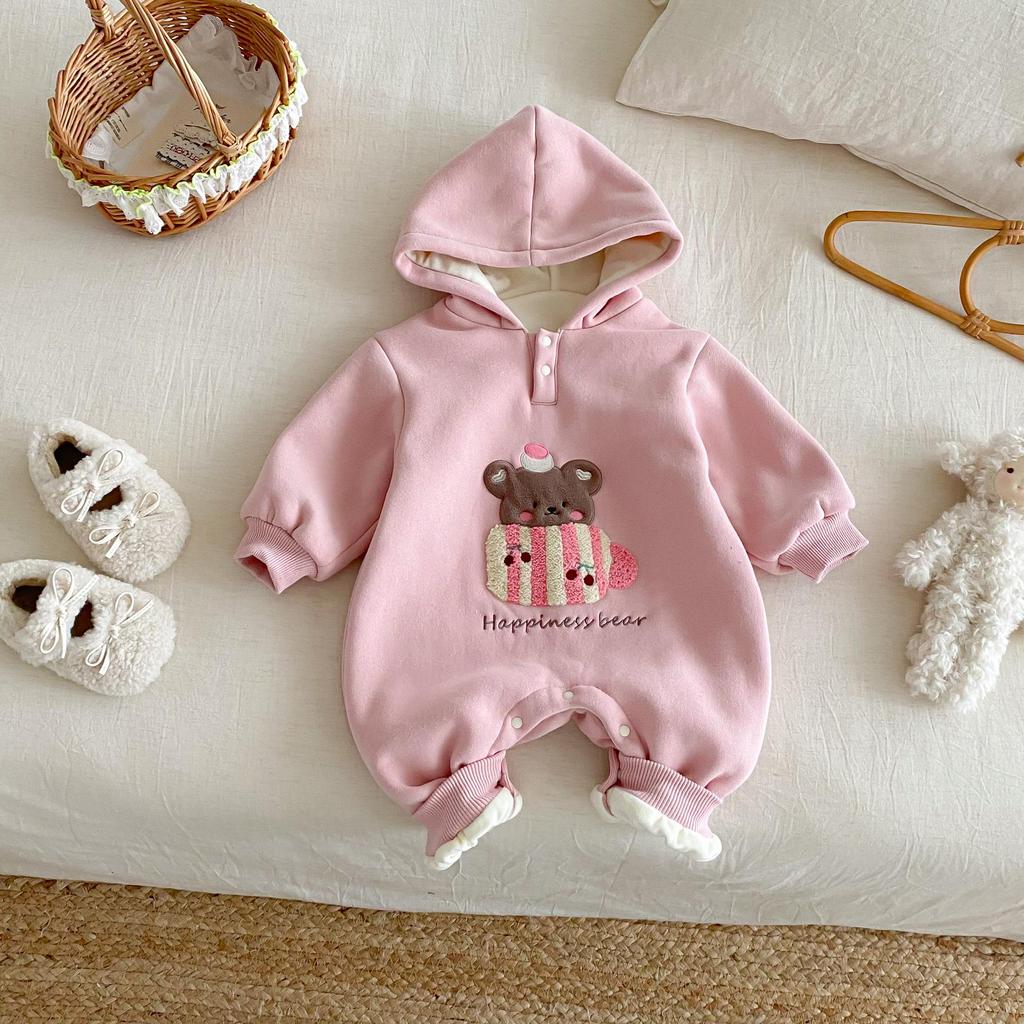 Winter 2025 Baby Fleece Cartoon Romper - Cute Embroidered Rabbit Newborn Jumpsuit