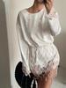 Fashion Solid Color Satin Pearl Mesh Two Piece Set Trendy Long Sleeve Lace Trim Top Fringe Mini Skirt Woman Party Bridal Outfit