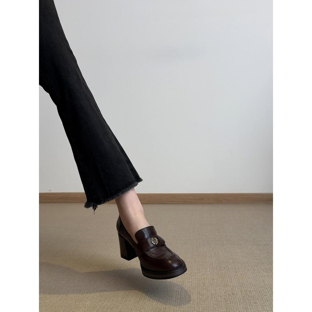 Cowhide version~ Silent bottom camellia loafers women's thick heel thick sole lazy small leather shoes one pedal high heel single shoes
