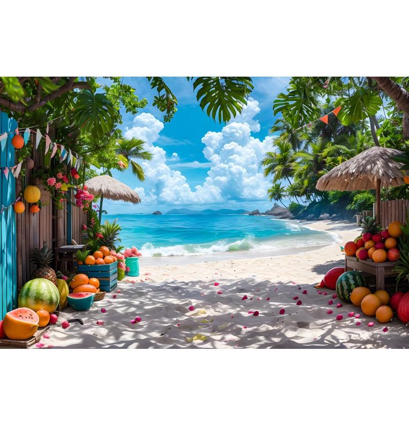 Summer Seaside Party Backdrops For Photography Tent Fruits Beach Palm Trees Holiday Camping Party Background Decor Photo Studio