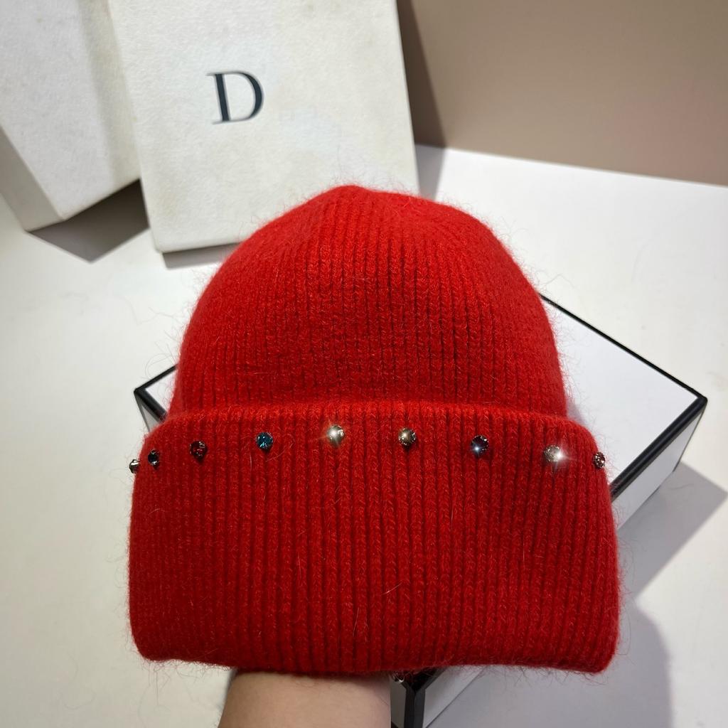 Russian Winter Warm Rabbit Hair Knitted Hat Celebrity Light Luxury Small Diamond Double Fold Wool Hat Women'S Outdoor Windproof