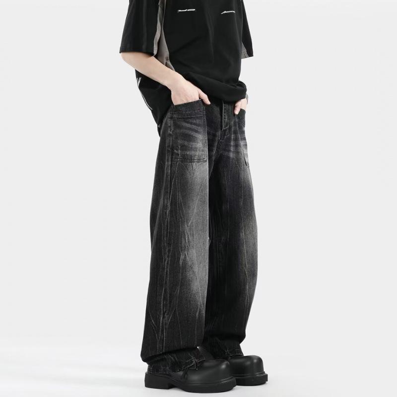 JYL Men's Straight Jeans Vintage Black Washed Whisker High-Street Denim Pants