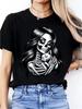 Gothic Personality Black Skeleton Cat Design T-shirt Street Trend Round Neck Short Sleeve Casual Men and Women Pure Cotton