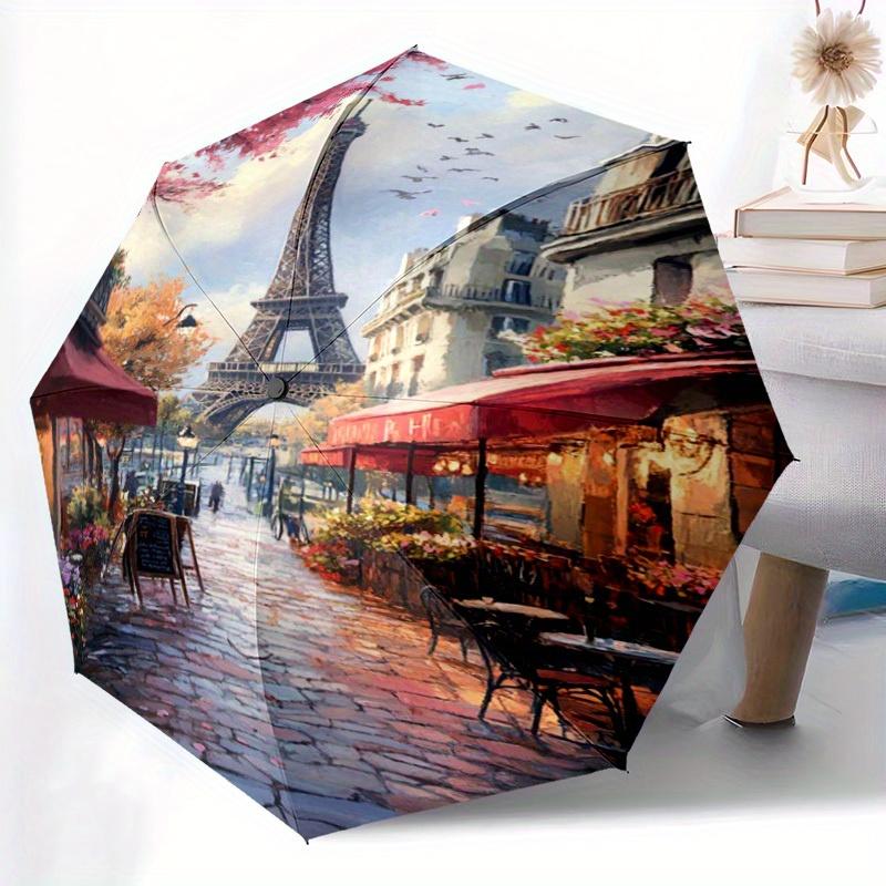 Paris Eiffel Tower Pattern New Automatic Folding Umbrella, Portable Foldable Travel Umbrella for Men and Women, Halloween & Ch