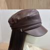 European and American PU leather navy hat, women's metal decorative pleated flat-top newsboy hat, short-brimmed cap