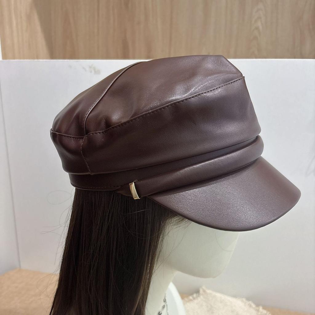European and American PU leather navy hat, women's metal decorative pleated flat-top newsboy hat, short-brimmed cap