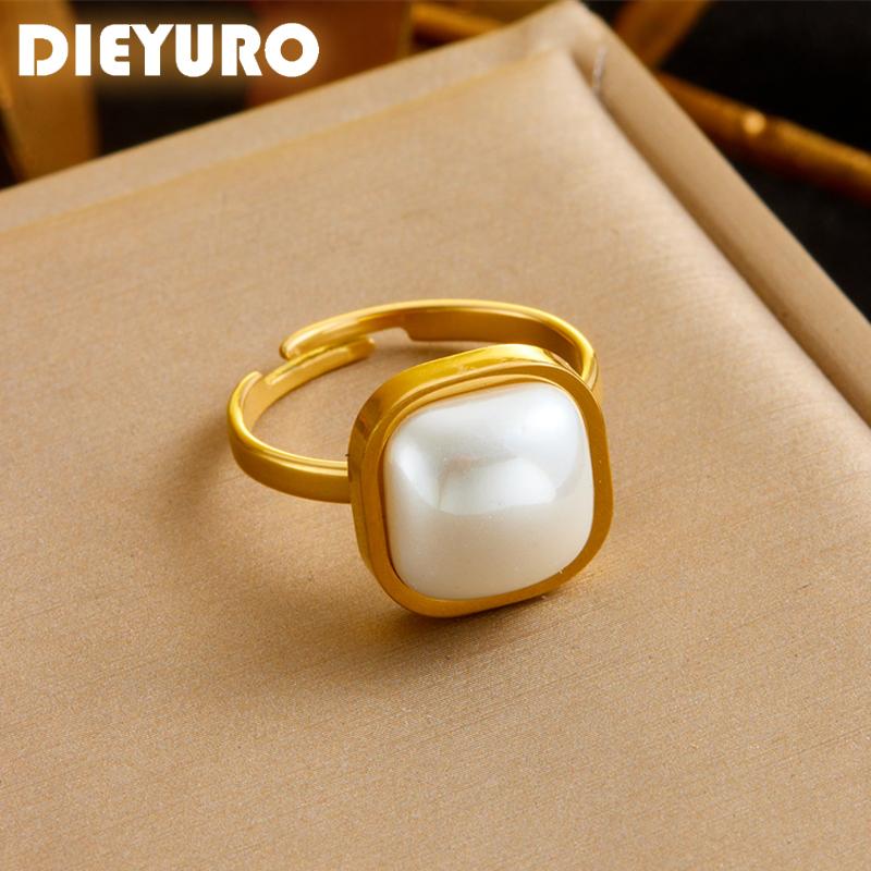 DIEYURO 316L Stainless Steel Square Pearl Adjustable Ring For Women Girl Fashion New Finger Ring Jewelry Gift Party anillos