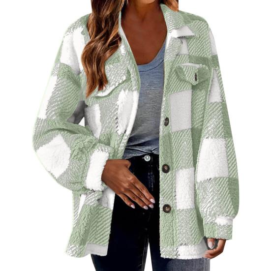 Giacca da donna autunno inverno con tasche finte, stampa scozzese a contrasto di colore, taglie forti, colletto rovesciato, monopetto, manica lunga, cardigan, cappotto di peluche