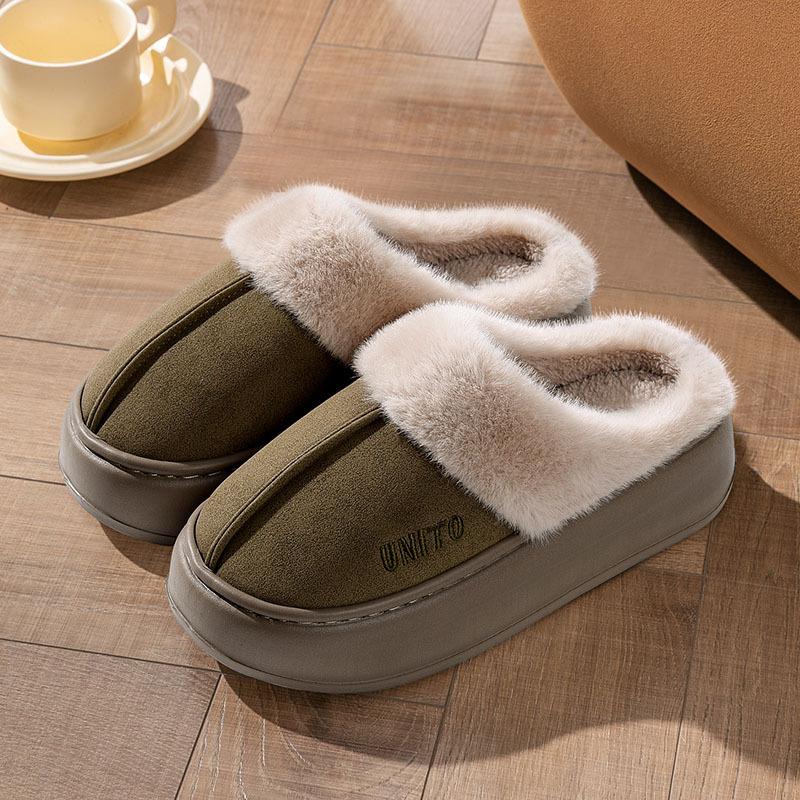 Fashion Litfun Plush Lining Women's Slippers Slip On Thick Bottom Slides Anti-slip Indoor Cotton Slides Furry Cozy Warm Outdoor Slippers