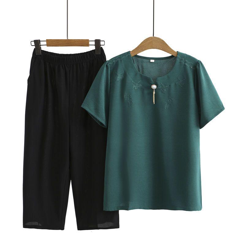 Stylish Spring Two-Piece Set for Middle-Aged Women - Loose Short-Sleeved Top & Bottom
