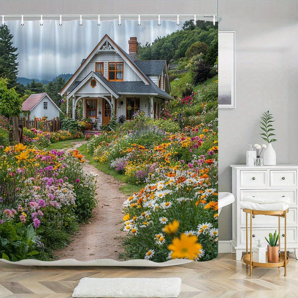 

Countryside-themed shower curtain with hooks W90xH180cm