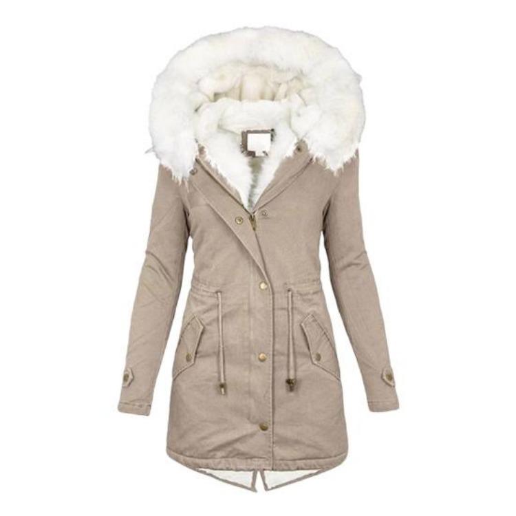 Winter Women Windproof Jacket Mid Length Slim Fit Cotton Coat Plus Size Faux Fur Hood Fleece Lined Zip Up Press Button Closure Outerwear