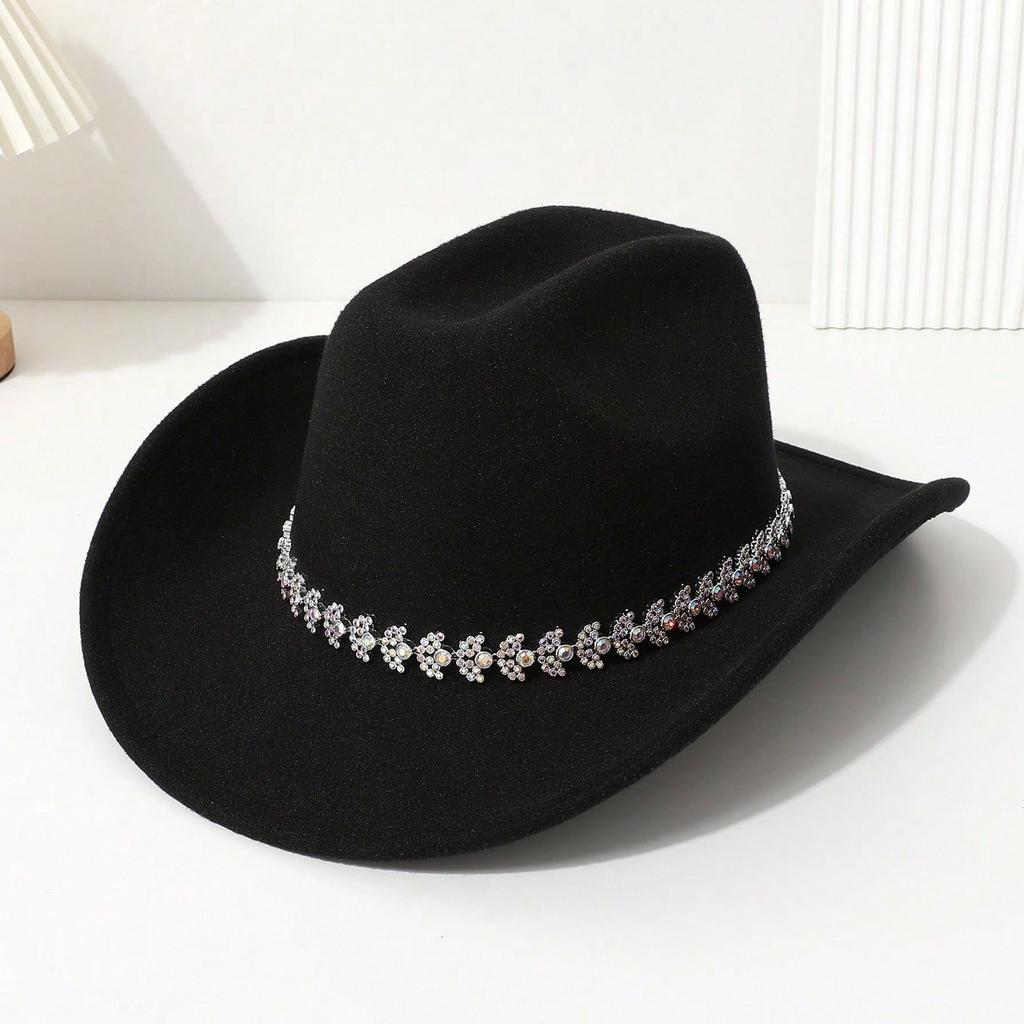 Western cowboy hat color three-dimensional hollow bright diamond handmade casual felt hat travel party festival party jazz hat