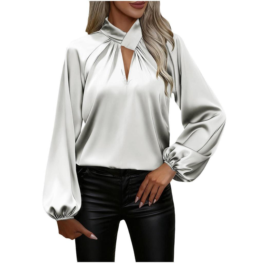 2025 New Satin Silk V-neck Long Sleeve Women's Loose Top