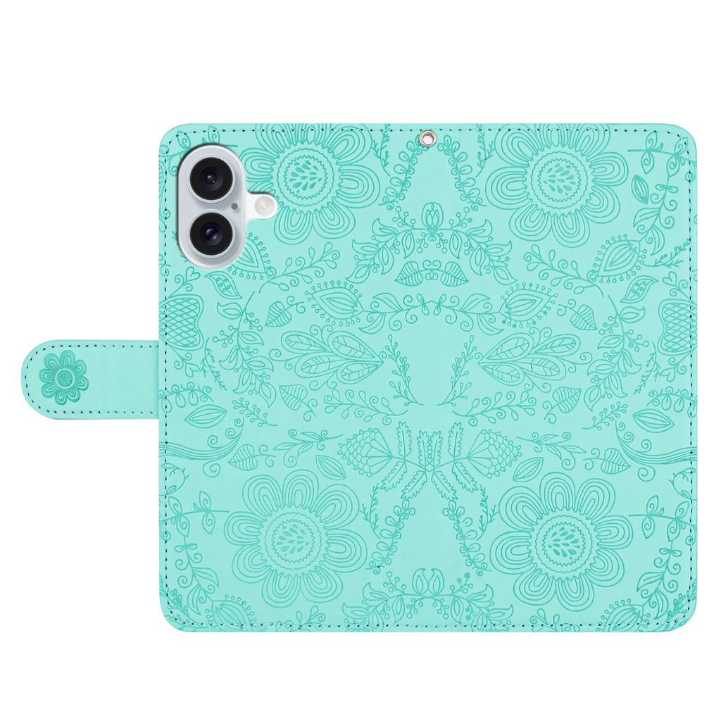 For iPhone 17 Case Flower Imprint Leather Flip Wallet Phone Cover with Wrist Strap