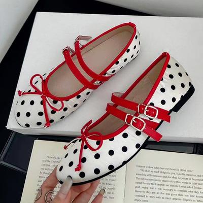 Mode Retro Rode Polka Dot Mary Jane Schoenen Dames Mode Smalle Band Gesp Strik Vlakke Sandalen Dames Comfortabele Elegante Casual Schoenen