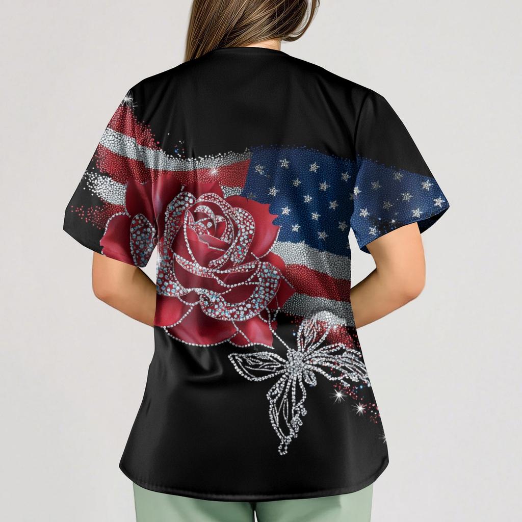 Damen Unabhängigkeitstag Aufdruck Locker V-Ausschnitt Tasche Kurzarm Pflegekraft/Uniform