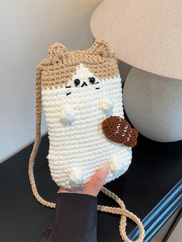 Cat Cartoon Handwoven Woolen Mobile Phone Bag With Shoulder Strap For Casual Daily Use
