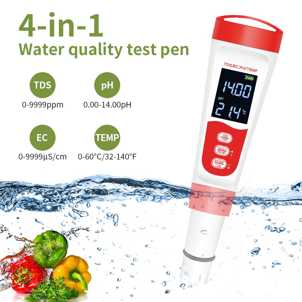 4 in 1 PH Temperature TDS EC PH Meter Digital Waterproof Water Quality PH Tester Water Purity Testing Pen For Pools Aquaculture