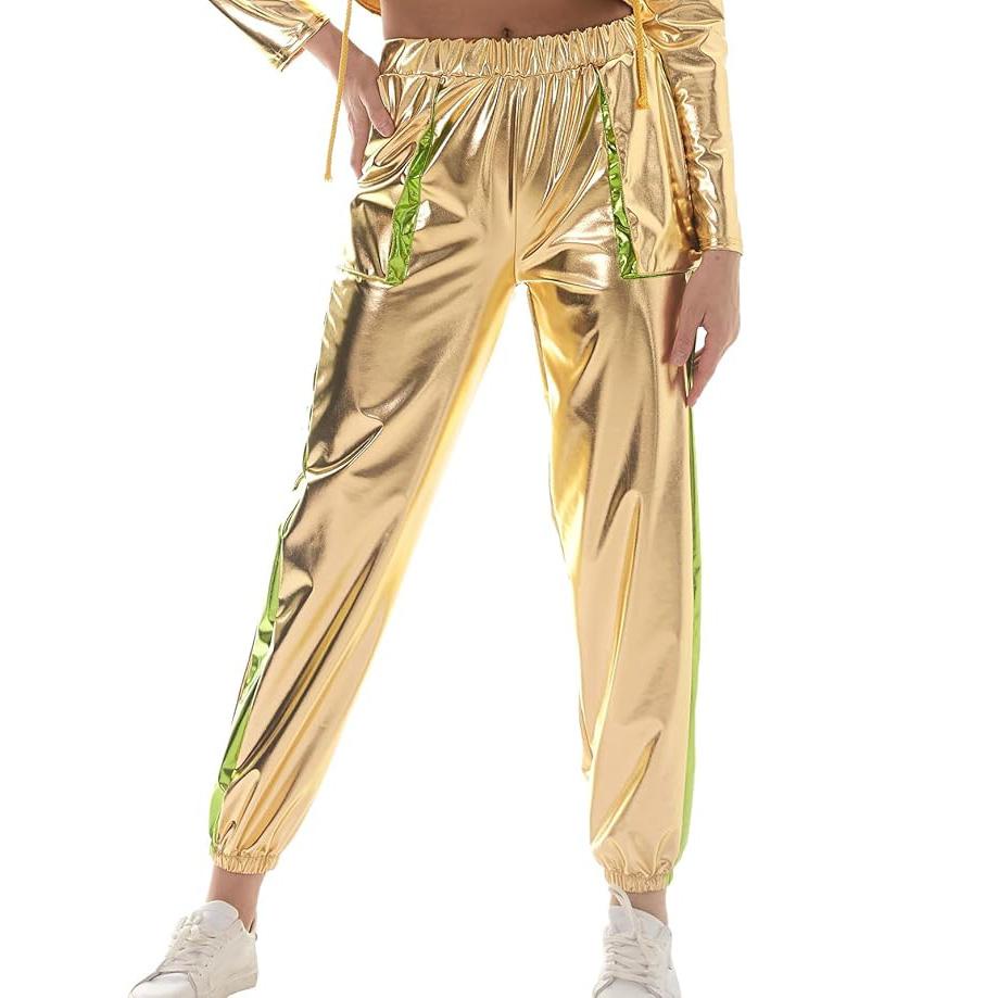 

Женские блестящие голографические эластичные металлические брюки-джоггеры с высокой талией, спортивные брюки в стиле хип-хоп и клубного рейва L