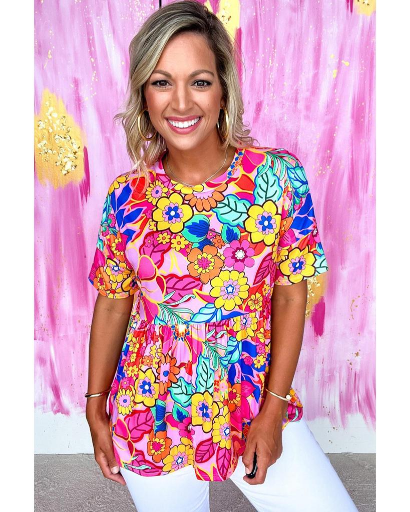 Azura Exchange Rose Floral Print Short Sleeve Pleated Babydoll Top