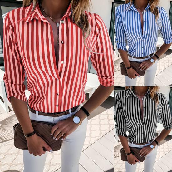 Women Fashion Long Sleeve Turn Down Collar Vertical Stripes Office Shirt Blouse