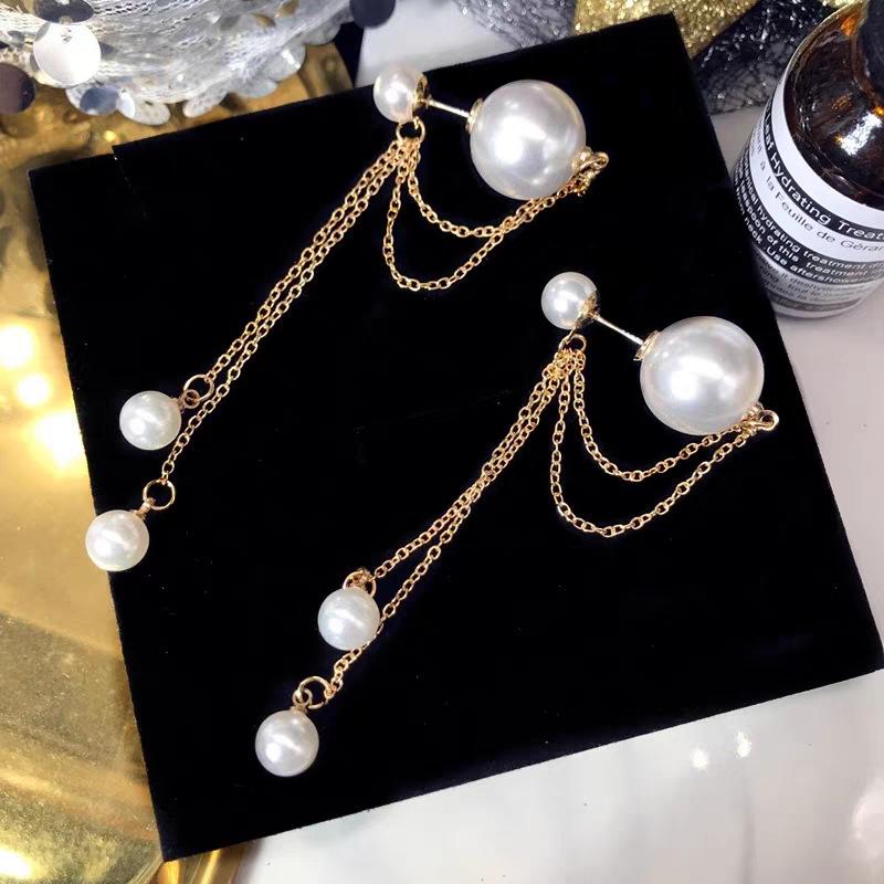 Korean Style Elegant Long Pearl Pendant Earrings for Women - S925 Sterling Silver Studs
