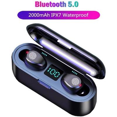 Auriculares inalámbricos Bluetooth 5.0 F9 TWS con batería externa de 2000 mAh y micrófono para deporte - Negro