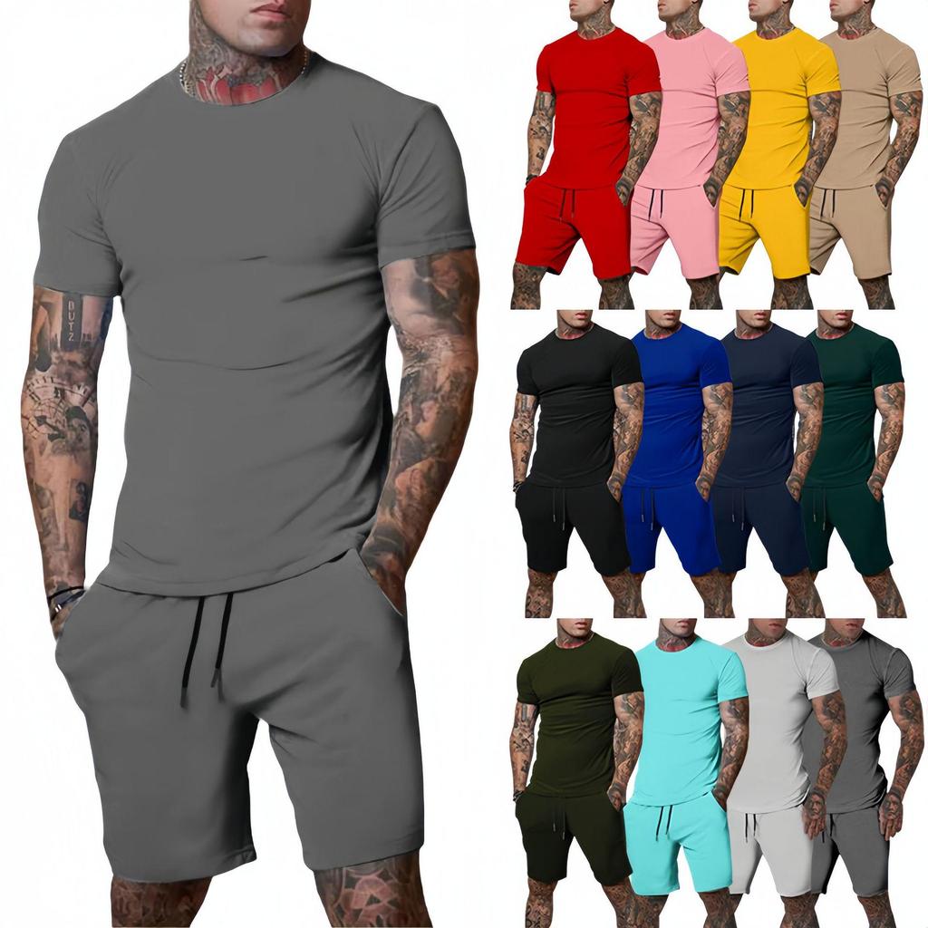Conjunto de Camiseta de Manga Corta y Pantalones Cortos de Color Sólido para Hombre de Verano - Transpirable y Elegante.