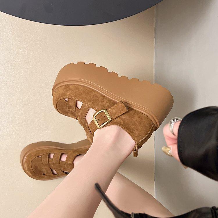 Aukštakulniai batai su storu padu ir tuščiaviduriu kulnu, nauji pavasario ir vasaros Mary Jane vienviečiai batai su krepšio priekiu, sandalai