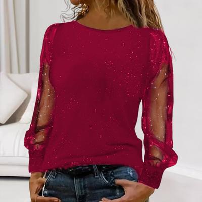 Women T-shirt Round Neck See-through Glitter Long Sleeve Tops Solid Color Loose Fit Casual Tops Daily Wear