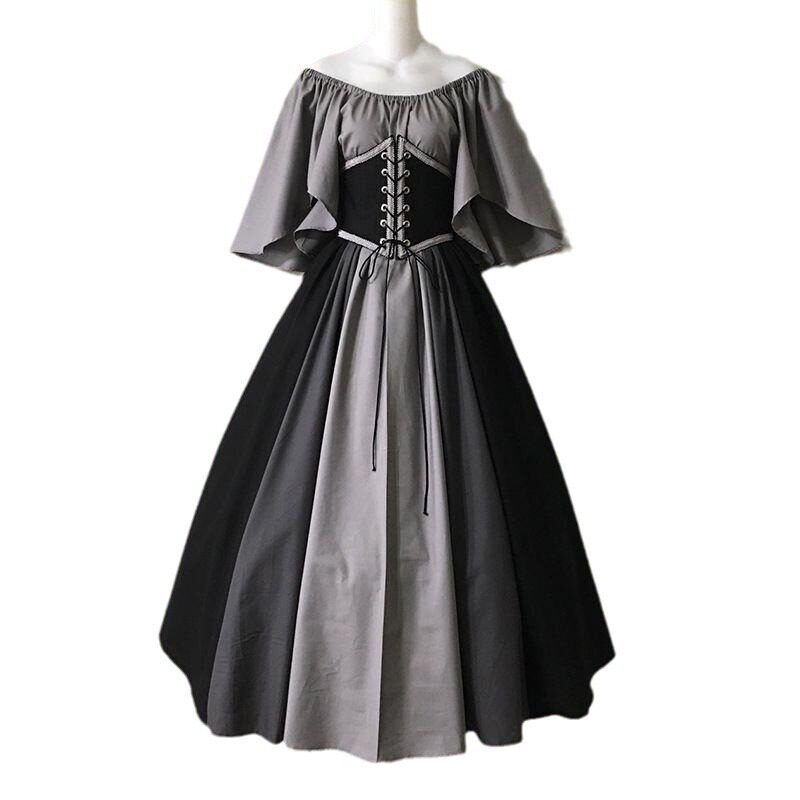 European and American Style Off-Shoulder Dress for Women, Medieval Retro Color-Blocking with Flutter Sleeves, Tie-Waist, and Large Hem Skirt
