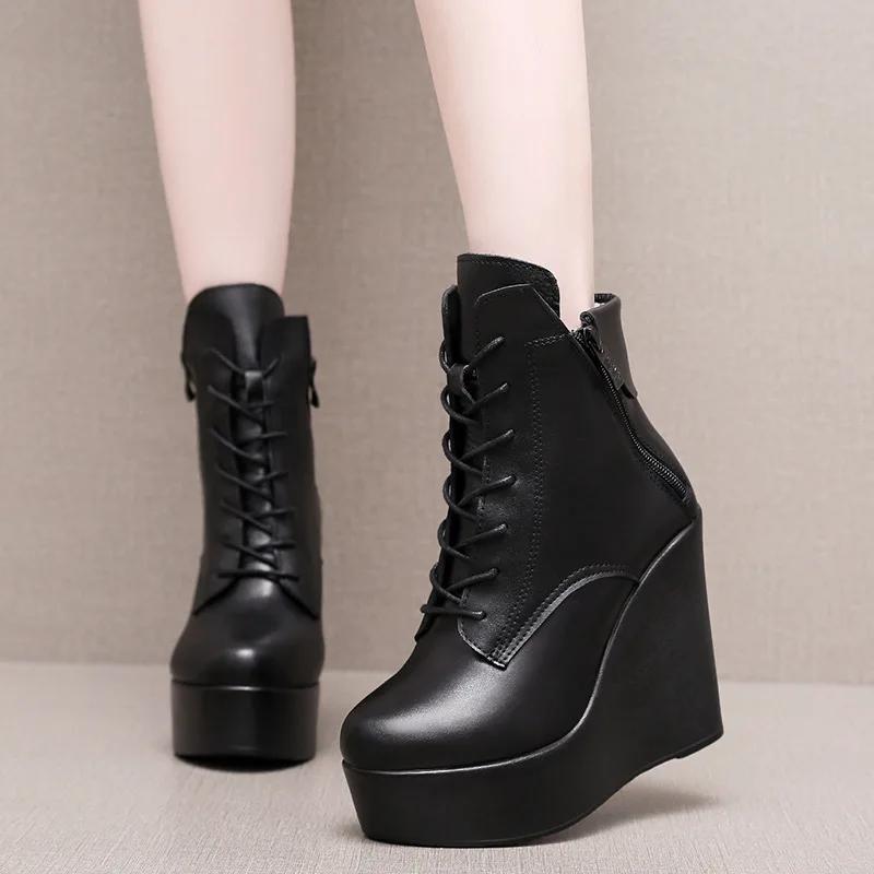 10cm 12cm Small Size 33-43 Fashion Platform Wedges Shoes Women Boots Leather 2025 High Heels Motorcycle Ankle Boots Office Mom