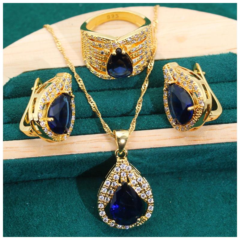 Diamond-studded Zircon Lady Jewelry Set European and N Style Jewelry Necklace Gemstone Set Earrings Retro Blue Set