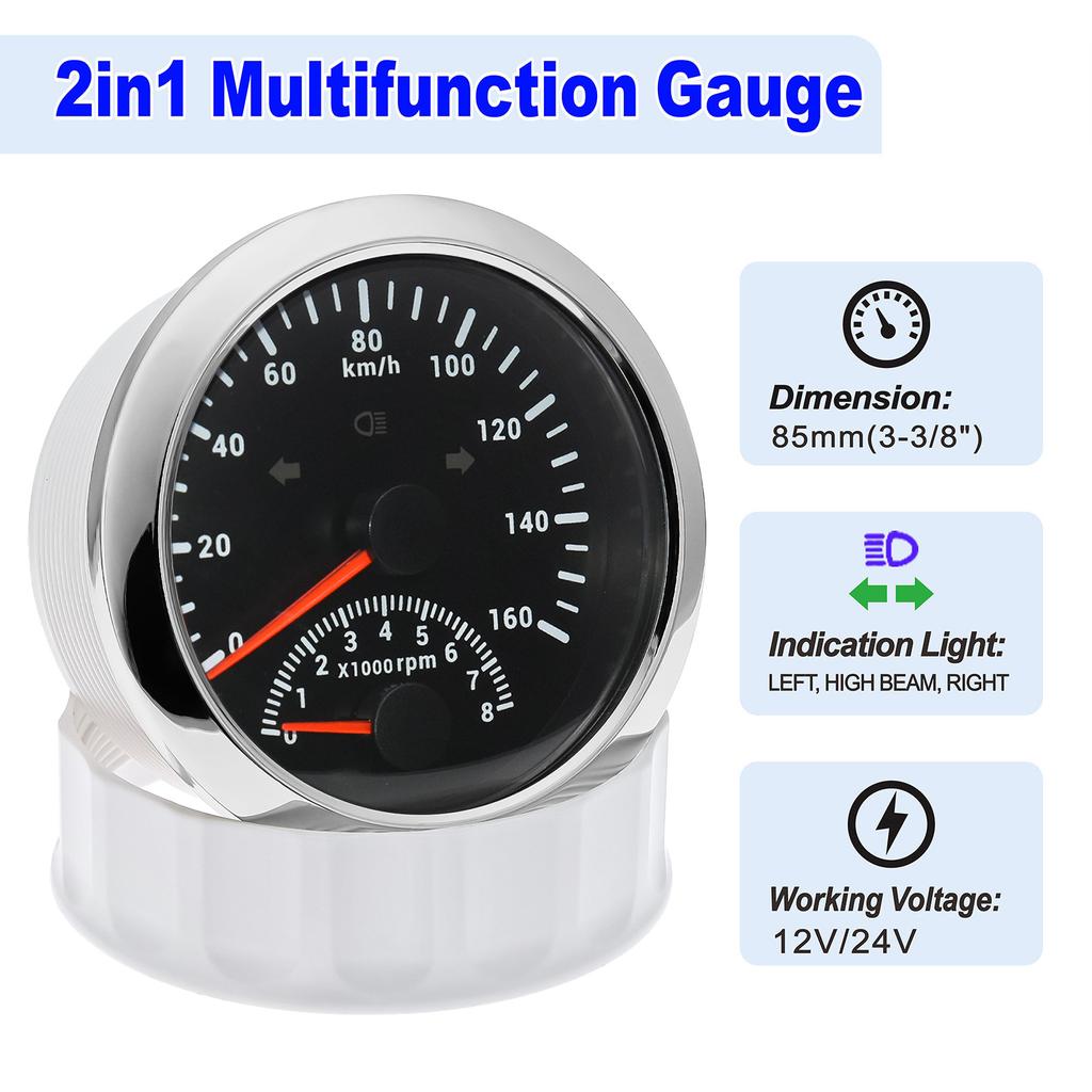 2 In 1 Multifunction Gauge IP67 Waterproof Speedometer With Tachometer Red Backlight for 12V 24V Universal Car Boat Speed Meter