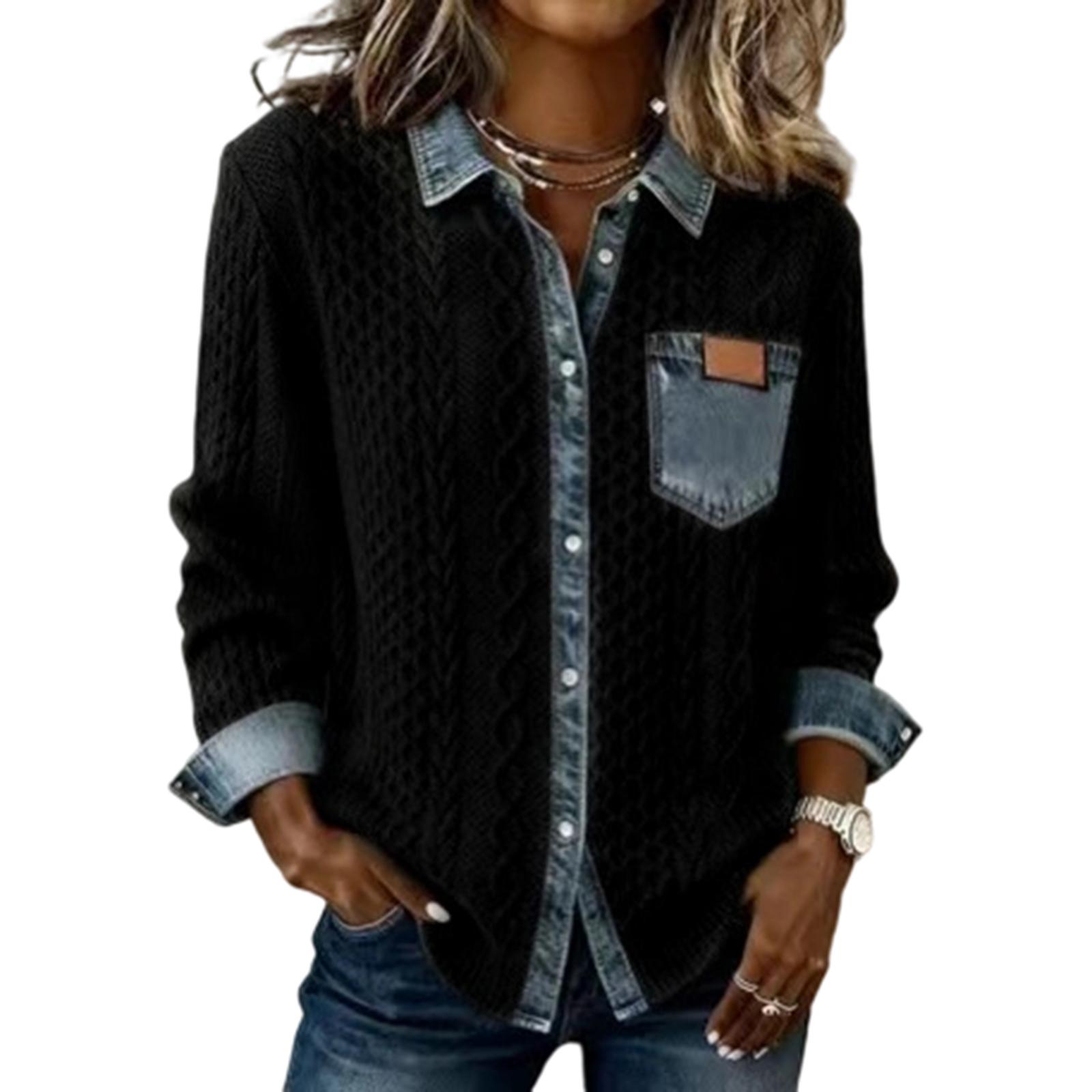 Niubiplus Dames Gebreid Patchwork Denim Mode Langemouwen Cardigan Jas S zwart