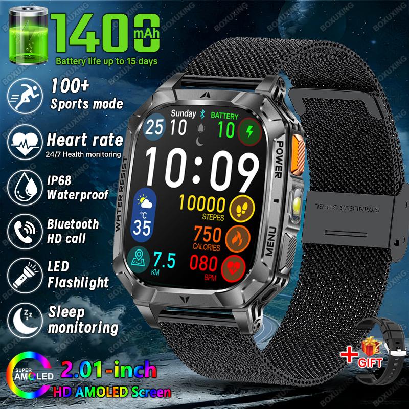 New 1400 mAh Battery Military Smartwatch Men IP68 Waterproof Flashlight Health Monitor Sports Call Smart Watch For iOS Android