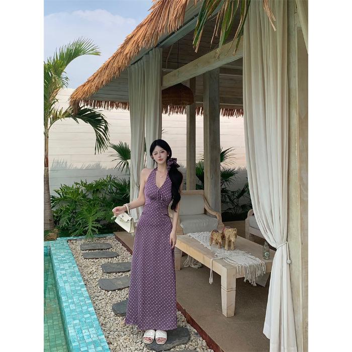 

French retro Hong Kong style fashion temperament polka dot floral dress women s summer new waist backless thin dress S фиолетовый