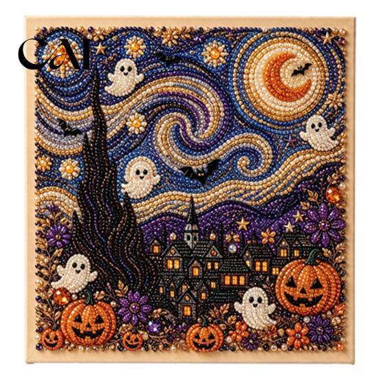 Set Artistico con Perle Finte Kit Fai da Te di Halloween, Set Creativo Ricamo con Perline 3D, Decorazione per la Casa Unica Spaventosa Fantasma Capra Strega Arte da Parete, Stagionale per Adulti, Principianti