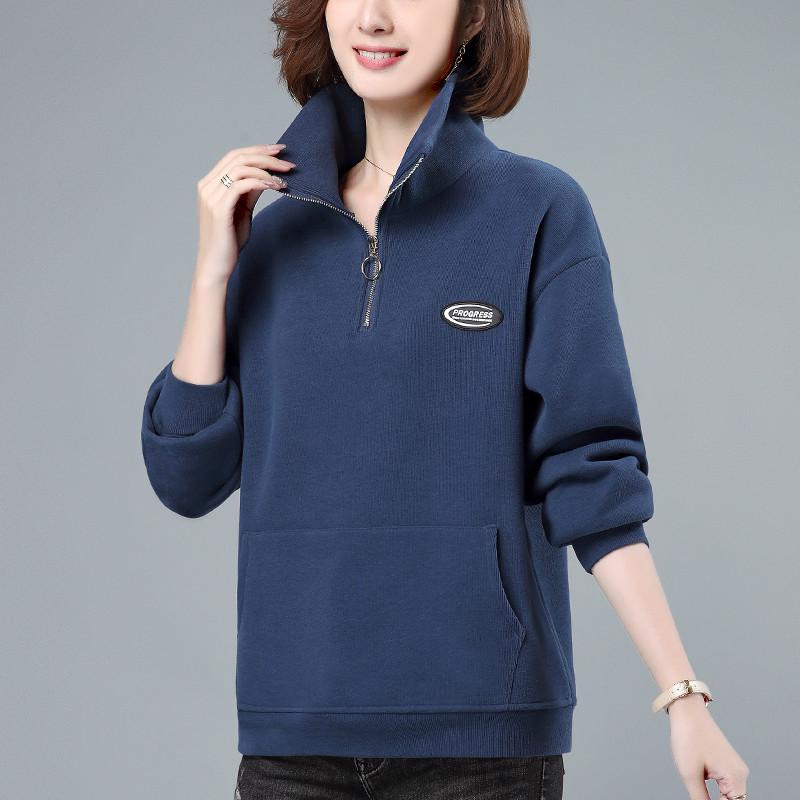 Women's Plus Velvet Thickened Half-Zip Pullover - 2023 Autumn/Winter Fashionable Loose Stand-Up Collar Sweatshirt