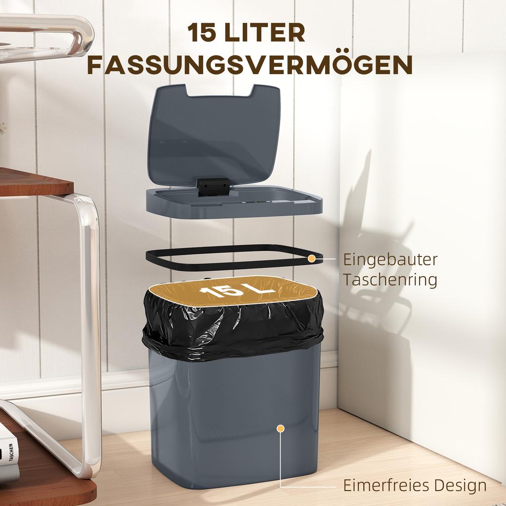 15L Sensor Bin, Automatic Touchless Kitchen Bin, Easy Clean, Battery Operated for Home Office, Bedroom, Bathroom, Grey