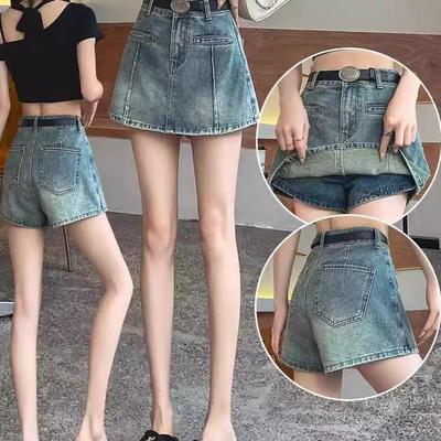 High-Waisted Two-Piece Denim Skirt with Shorts – Summer A-Line, Hip Covering, Anti-Exposure Design for Petite Sizes