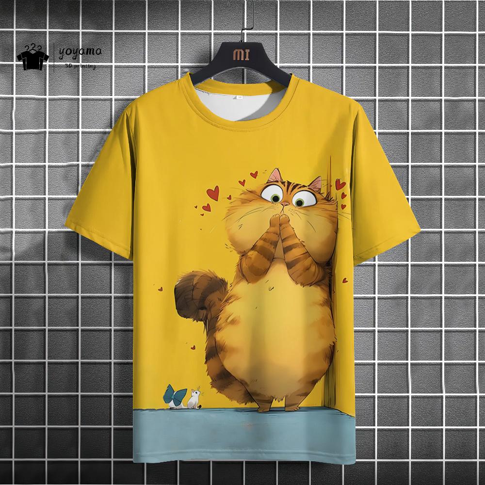 Cat printed T-shirt, Fun animal 3D printed short sleeved T-shirt, Large casual T-shirt