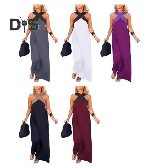 Damen Abendkleid mit gekreuztem Halsausschnitt, schulterfrei, rückenfreies Robenkleid, einfarbig, lockeres Maxikleid für Strandparty, Abschlussball, Urlaub