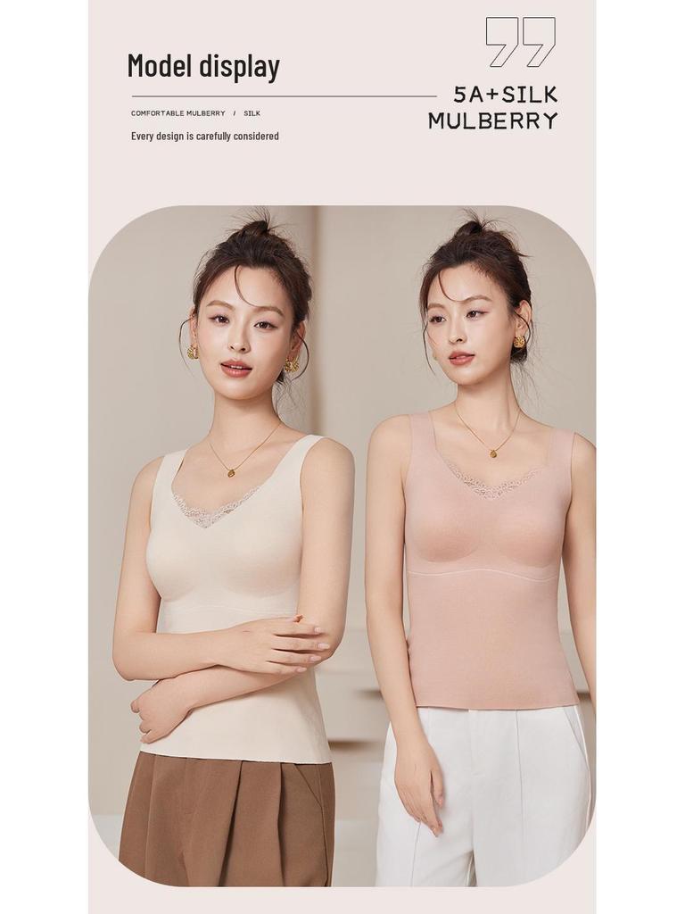 Seamless Mulberry Silk Lace Back Slim Fit Warm Vest