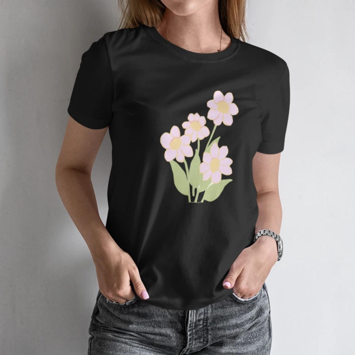 Elegant Women s Short Sleeve T Shirt Delicate Pink Flower Print for a Chic Summer Look S чёрный