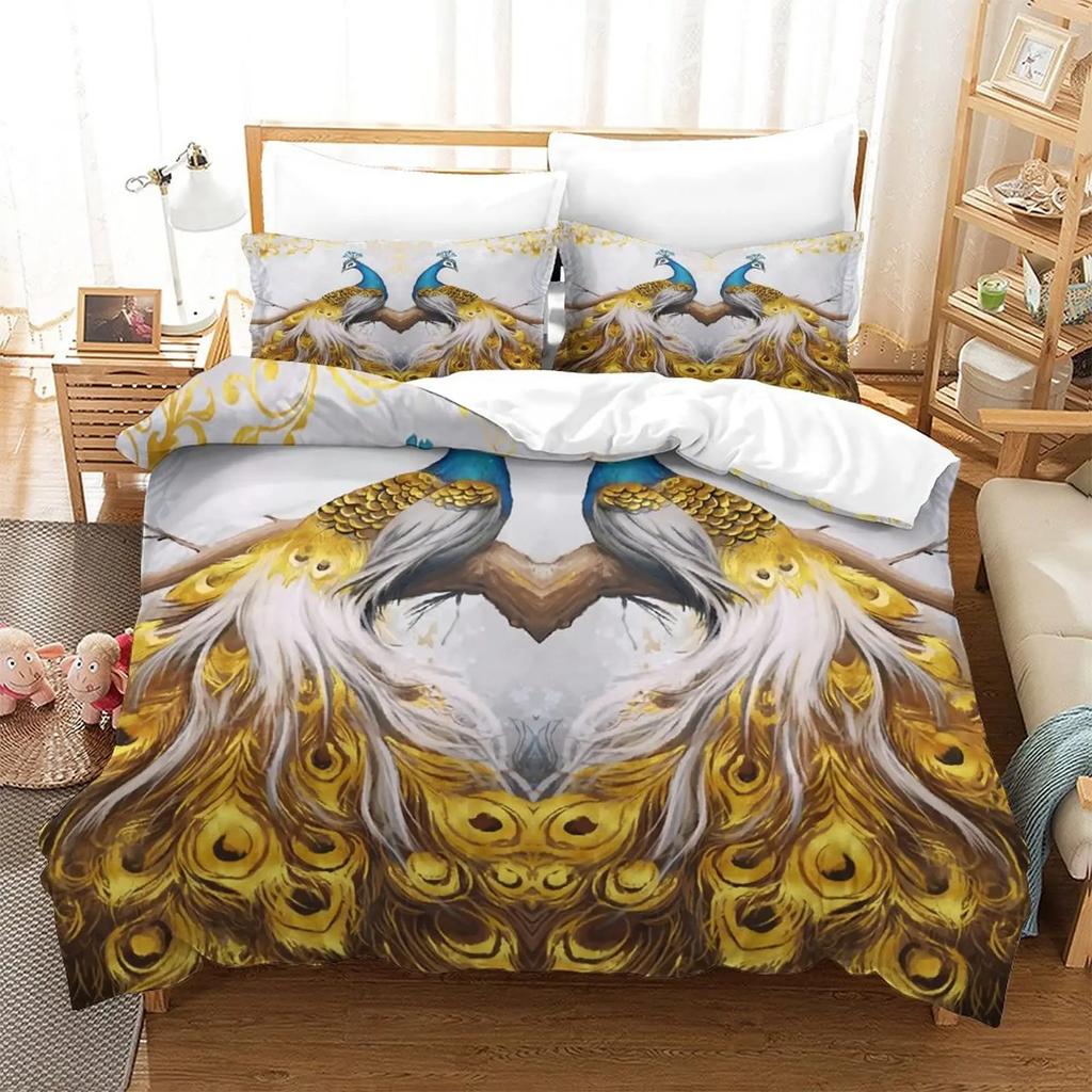 Peacock Duvet Cover Exotic Birds Animals Quilt Cover Polyester Feather Butterfly Flowers Bedding Set 2/3Pcs King For Girls Teens